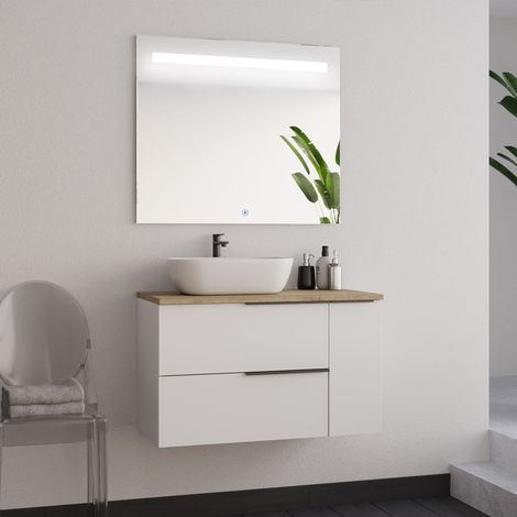 Meuble de salle de bain 80cm avec vasque à poser arrondie - blanc - KING et miroir led STAM (1/5)