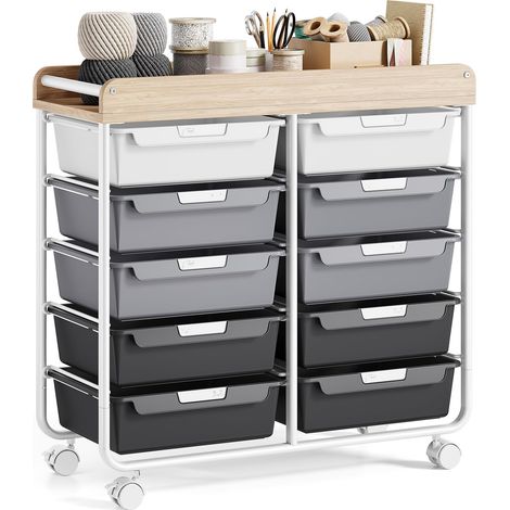 Meuble à roulettes en plastique avec 10 tiroirs, Gris Chariot à roulettes avec espace de rangement polyvalent, chariot de rangement avec roues et poignées pour atelier, bureau (1/5)