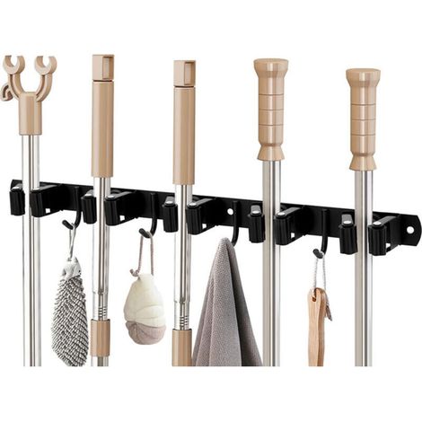 SABIR Porte-balais mural en acier inoxydable avec 5 supports et 4 crochets - porte-outils mural pour jardin, balcon, salle de bain, jardin, cuisine (1/4)