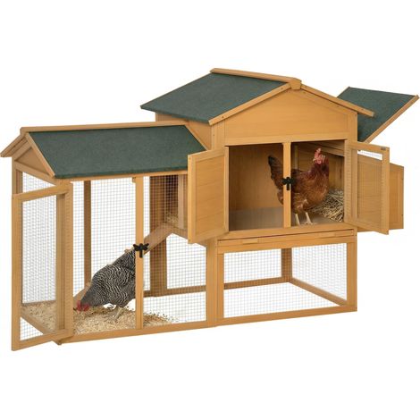 Gabbia per Galline con Casetta e Area Aperta, Nido con Tetto Apribile e Rete Metallica, Pollaio in Legno Giallo, 168x75x103cm
