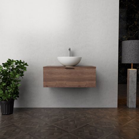 Inda - Badezimmerschrank B.80 mit Aufsatzwaschbecken / Braune Eiche 1 Schublade - Topazio