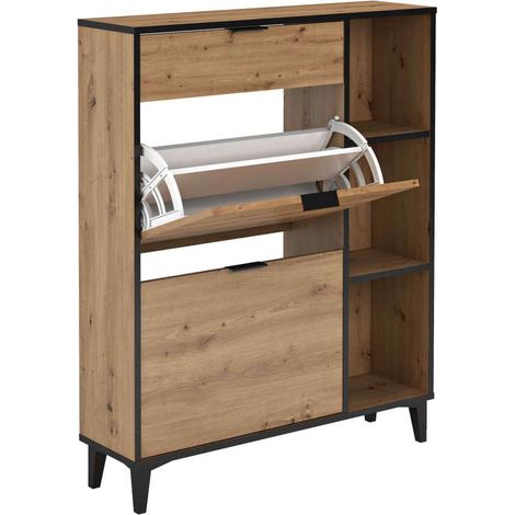 Mueble Zapatero María con 2 trampones, 1 cajón y estantes en roble albar. 90cm(ancho) 110.8cm(altura) 24.5cm(fondo) (1/2)