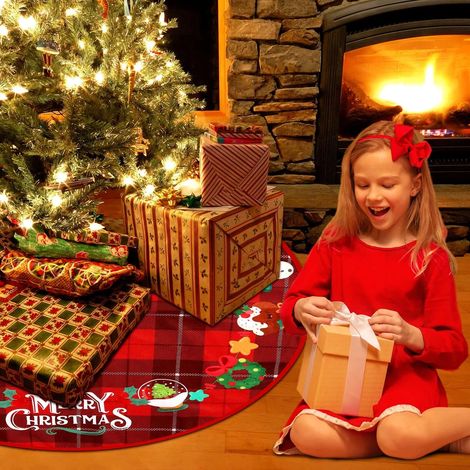 Tapis de sapin de Noël rouge de 90 cm, tapis de sapin de Noël Olggu Bubu à carreaux écossais rouges, décoration de sapin de Noël, tapis de sapin pour fête de Noël (1/3)