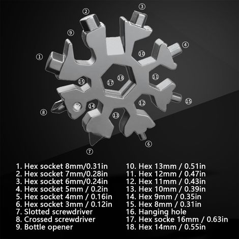 Multifunktionaler achteckiger Schneeschlüssel (2er-Set), tragbare Werkzeugkarte in Schneeflockenform, 18 Funktionen in 1, schwarz (1/5)