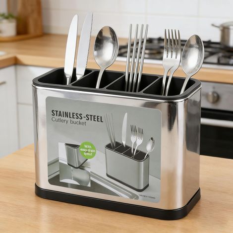 Organiseur d'ustensiles de cuisine pour comptoir ou comptoir, grand porte-ustensiles en acier inoxydable pour le rangement de la cuisine et de l'argenterie avec 4 compartiments, taille XL (1/5)