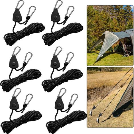 (6PCS) Corde avec Mousqueton  6m, 4mm Tendeur Voile Ombrage Poulie, Tendeur à Cliquet pour Corde, Cordes de Tente avec Poulie, Tendeur Corde Tente (1/5)