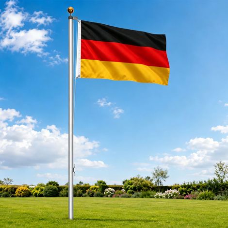 TolleTour Mât de drapeau argenté en aluminium, 6 éléments emboîtables, poulie, drapeau allemand et douille de sol (1/5)