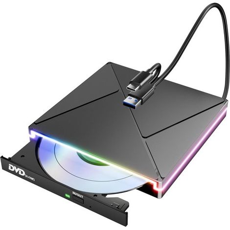 Lecteur/graveur CD/DVD externe avec RGB，USB 3.0 et USB-C. Graveur optique externe CD/DVD +/-RW ROM. Compatible avec ordinateurs portables (1/3)