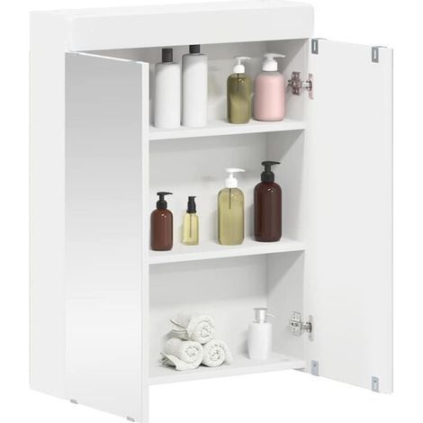 Armoire de Toilette avec Miroir Blanc pour Salle de Bain, Meuble Rangement Mural Étanche avec Éclairage LED Intégré et Prises, Design Moderne Minimaliste Style Tulum, 60cm (1/5)