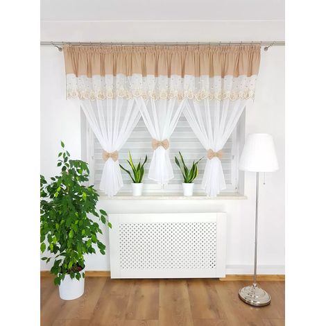 Rideau brodé orné de jolis nœuds - beige 300x150cm (1/5)