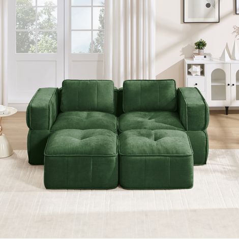 Sofá de 2 plazas con 2 pufs 198x162x67 cm en tela verde modular FloraGrace (1/5)