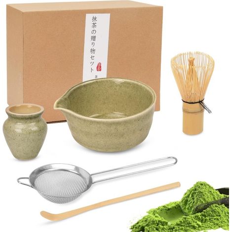 Juego de té matcha con cuenco de cerámica, batidor de bambú y cucharón: juego completo para la ceremonia japonesa. (1/5)