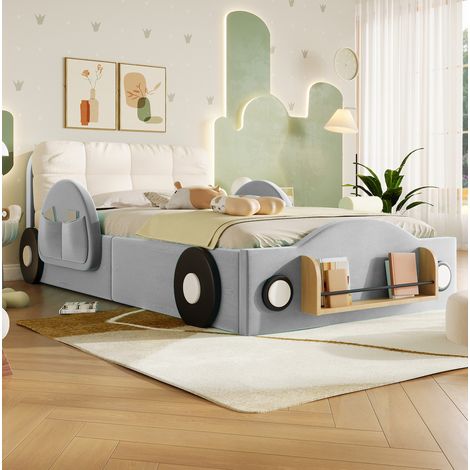 Cama con almacenaje 90x200 con elevación hidráulica, tapizada en franela gris HAVRYA (1/5)
