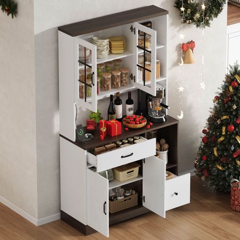 Credenza da cucina con 4 Ante, 3 Cassetti, Ripiani Regolabili, LED e Prese, in MDF, Naturale e Bianco, 105 × 40 × 185 cm (1/5)