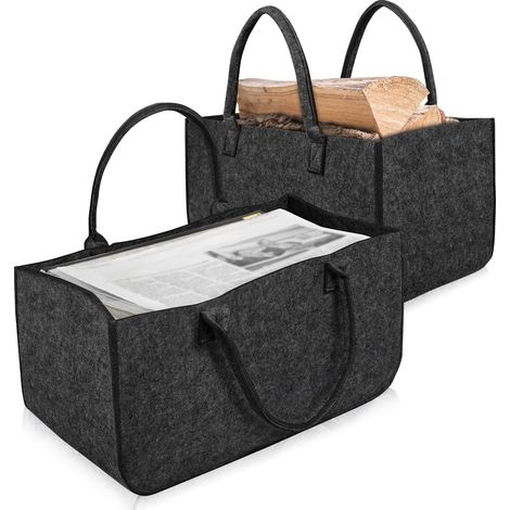 Panier à bois 2 x Sacs en feutre panier en feutre, sac à provisions avec poignées 50 x 25 x 25 cm Gris foncé pour le Transport de Bois HENGMEI (1/5)