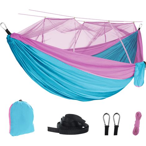 Hamac de couchage touristique RV 260x140cm, hamac de Camping en plein air en tissu Parachute avec moustiquaire, bleu ciel et rose (1/5)