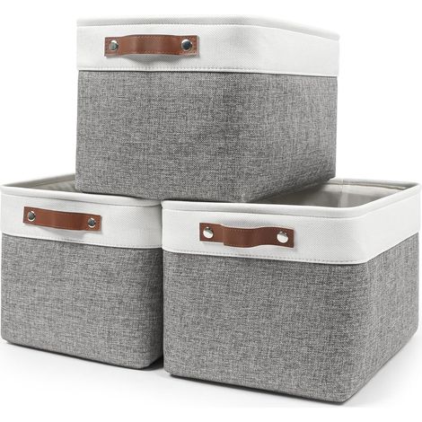 Panier De Rangement En Tissu - 38 x 28 x 24 cm - Lin Coton Écologique Avec Structure Métallique Et Fond Mdf - Poignées En Cuir - Lot De 3 (1/5)