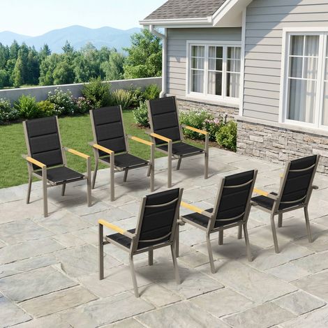 lot de 6 Chaise de Jardin Empilable, Fauteuil en Aluminium avec Accoudoirs Imitation Bois, Tissu Textilène et éponge à Séchage Rapide, Dossier Surélevé, Respirante et Confortable, Marron (1/5)