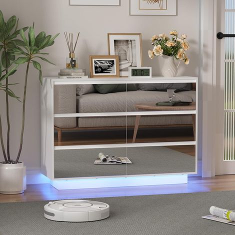 UEV Cassettiera con 6 Cassetti a Specchio, Comò con Grande Spazio e Illuminazione LED Regolabile, Como Soggiorno Robusto e Funzionale, 100 x 34 x72,5 cm, Bianco (1/5)