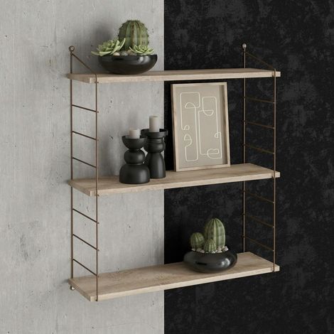 Étagère murale décor bois 3 plateaux supports métal cuivré JENA