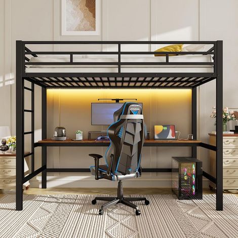 Lit mezzanine - Gutent - 90x200 cm - Métal noir - Bureau intégré - Éclairage LED 7 couleurs (1/5)