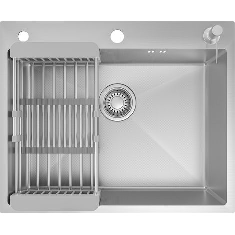 CECIPA MAX Fregadero de cocina de 60 × 49 cm color Plata - Fregadero de una cubeta con escurridor y dispensador de jabón, acero inoxidable 304, gran capacidad
