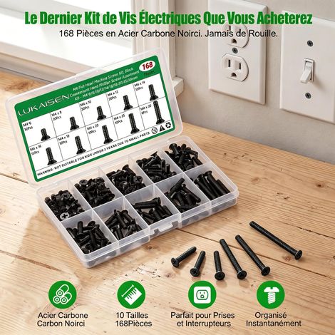 Assortiment de 168 vis noires M4 en acier au carbone à tête plate fraisée, ensemble de fixations en bois et métal (M4 x 6/8/10/12/14/16/18/20/25/30 mm) pour bricolage, meubles (1/5)