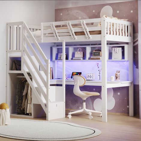 Lit en bois massif 90x200cm, escalier avec rangement intégré, bureau, prise USB et lampe LED. Lit enfant, lit adolescent, lit simple, cadre en bois massif, version haute, blanc., garantie 2 ans