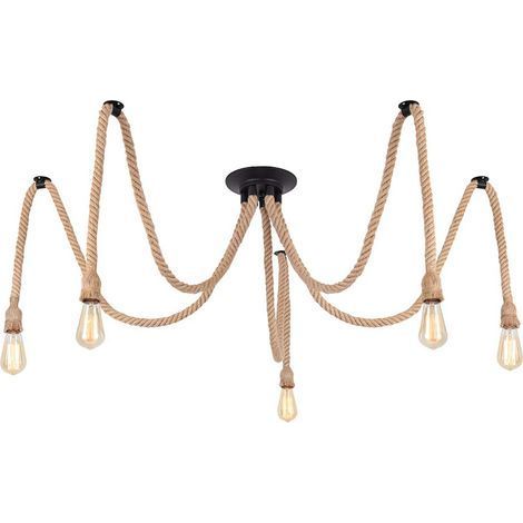 Lampadario a Sospensione Industriale in Stile Vintage Regolabile, Lampadari Creativi con Corda di Canapa per Soggiorno, Sala da Pranzo, Bar, Caffè (5 Teste) (1/5)