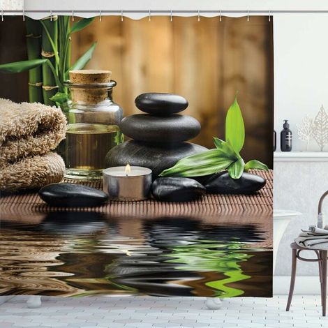 [NIEMALS VERWENDET] Spa-Badvorhang, Pflanzenöl-Massagestein-Thema und Duftkerzen, Kunstfotodruck, Stoff für Gästezimmer, Badezimmer, Hotel, hochwertige Dekoration, Familienbadezimmer mit Haken, 183 cm