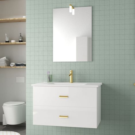 Mueble de baño 80 cm Lacado Blanco y Oro Dorado 2 Cajones - Lavabo y Espejo Aplique Led