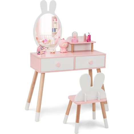 COSTWAY Tocador de Mauillaje 2 en 1 para Niña, Juego de Mesa y Silla, Escritorio Espejo para Maquillaje, Juego de Tocador con Patas de Madera (Blanco)