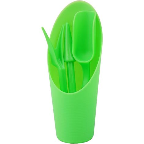 Kit de transplantation 4 pièces : transplanteur, cuillère, seau-pelle pour plantes grasses et jardinage (vert). (1/4)