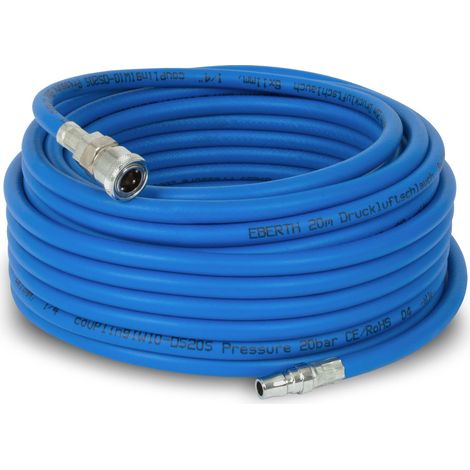 Eberth – Tuyau à air comprimé 20m – Diamètre intérieur 6mm – Pression 20 bar – Flexible en PVC hybride – Raccord rapide 1/4' pour compresseurs