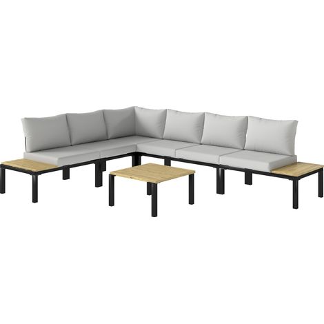 Ensemble de jardin modulable 6 pièces, canapé d'extérieur convertible en lit, table basse et tablettes latérales gris (1/5)