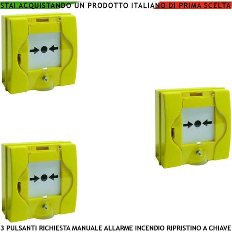 PULSANTI EMERGENZA ROTTURA VETRO GIALLI 3 PEZZI RICHIESTA INTERVENTO INCENDIO RIPRISTINO A CHIAVE SBLOCCA PORTE REI EN 54-11 CPD (1/4)