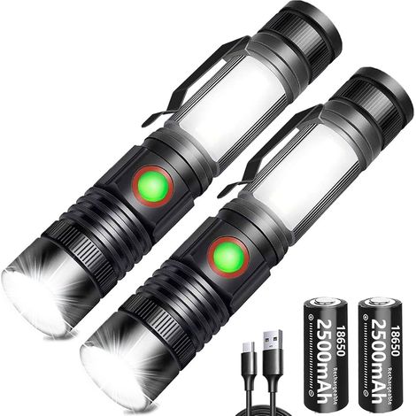 2000 Lumen superhelle LED-Taschenlampe, 2500 mAh wiederaufladbare, leistungsstarke, tragbare und zoombare USB-C-Taschenlampe mit Magnetfuß und COB-Arbeitsleuchte (2er-Pack) (1/5)