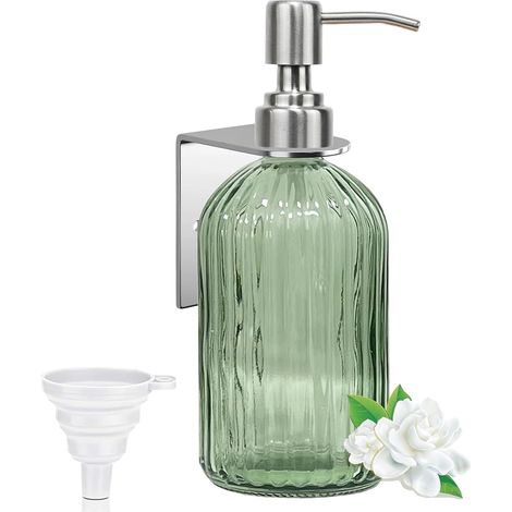 Distributeur de savon mural - 400 ml - Vert - Avec fixation murale - En verre - Distributeur de savon de cuisine - Montage mural sans perçage - Pour la maison, l'hôtel, le restaurant (1/5)