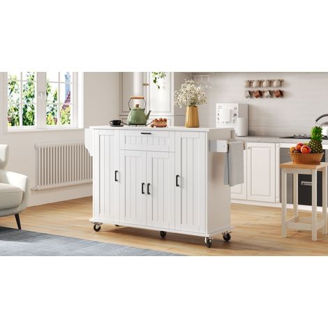 Îlot de cuisine avec plateau rabattable, chariot de cuisine à roulettes, meuble de cuisine avec 4 portes et 1 tiroir, étagères à épices intégrées dans les portes, porte-serviettes double face, blanc,1 (1/5)
