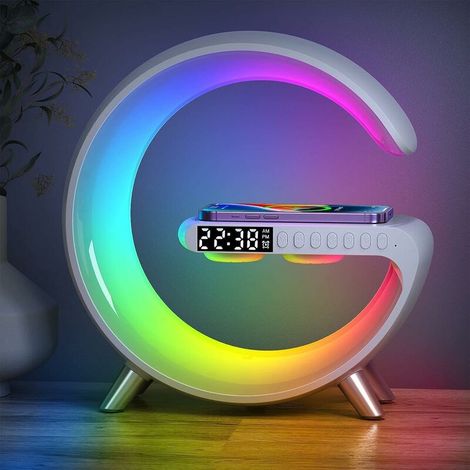 2023 Nouvelle Lampe de Table Intelligente, Lampe D'ambiance Avec Chargeur Sans Fil, Haut-parleur Bluetooth, Veilleuse à Intensité Variable Avec Synchronisation de la Musique, Contrôle de App (Blanc) (1/5)