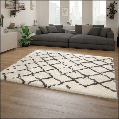 Paco Home Tappeto Pelo Alto Soffice Moderno Shaggy Stile Flokati Con Rombi Bianco Grigio 60x90 cm