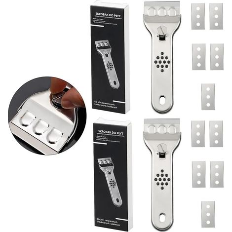 Lot de 2 grattoirs et gommes pour plaques de cuisson vitrocéramiques, en acier inoxydable 430, pour le verre, le carrelage, les plaques de cuisson et les résidus de peinture – incluant 10 lames (1/5)
