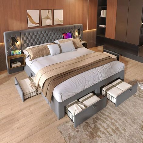 Lit Coffre 160x200 avec 4 Tiroirs 2 Chevets - Lit Rembourré - Velours Gris Lampes Lecture USB Type-C Sans Matelas (1/5)