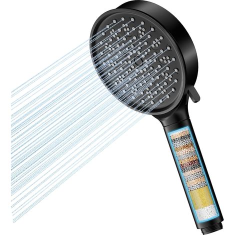 Pommeau de douche avec Filtre, Économe en Eau, Eau Dure avec Filtration en 20 Couches, 6 Types De Jet Haute Pression avec Filtre Anti-Calcaire (Noire) (1/5)