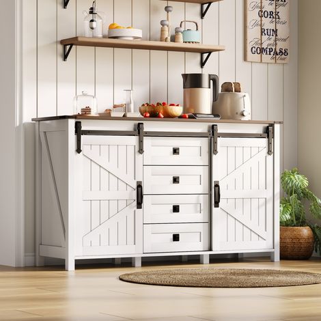 Buffet enfilade vintage blanc 137 cm - Portes coulissantes, 4 tiroirs - Meuble rangement cuisine/salon/salle à manger (1/5)