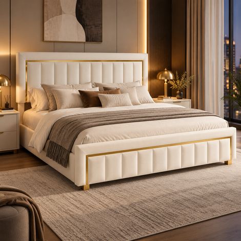 Lit double adulte 140 x 200 - Lit coffre capitonné 140 x 200 - Velour Beige - Sommier à lattes - Décor à rayures verticales et bordures dorées - Moderne