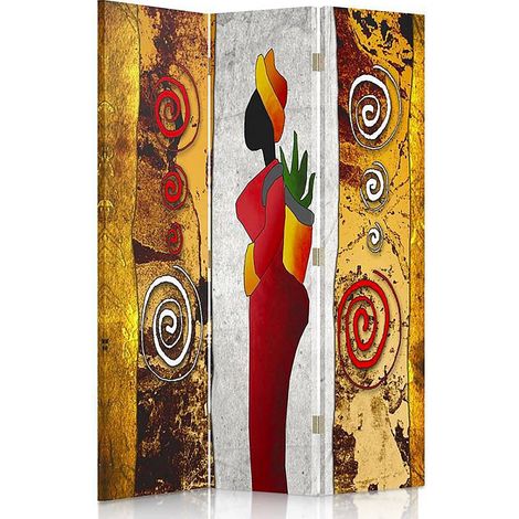Paravent Décoratif Couleurs Chaudes et Motifs Africains - 110 x 180 cm - 1 face déco, 1 face noir
