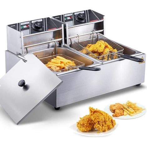VEVOR Friteuse Électrique Commerciale 20 L Contenant 12 L de l'Huile 5000 W 2 Cuves Friteuse à Huile en Inox 2 Paniers à Frire C13 (1/4)