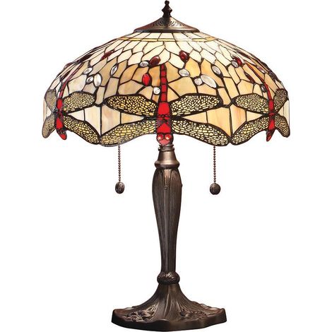 Interiors Dragonfly Beige - Lampada da tavolo 2 luce media bronzo scuro, beige, vetro stile Tiffany, E27 (1/4)