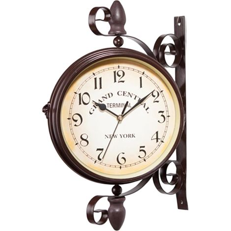 Reloj de pared metálico de doble cara con cristal y números grandes y legibles (37 x 28 cm, marrón y blanco). (1/5)